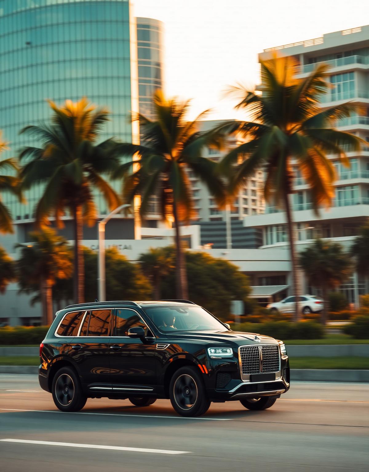 SUV de lujo recorriendo el skyline de Ciudad de Panamá al atardecer