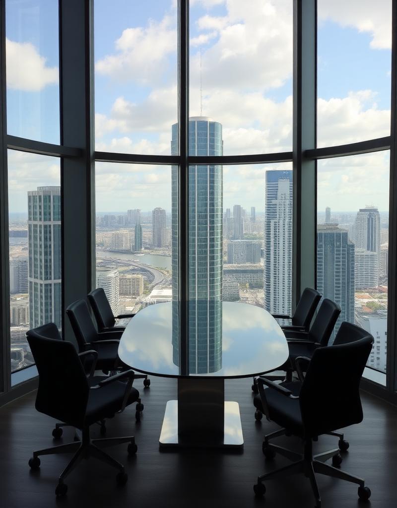 Sala de juntas moderna con vista al skyline de Panamá