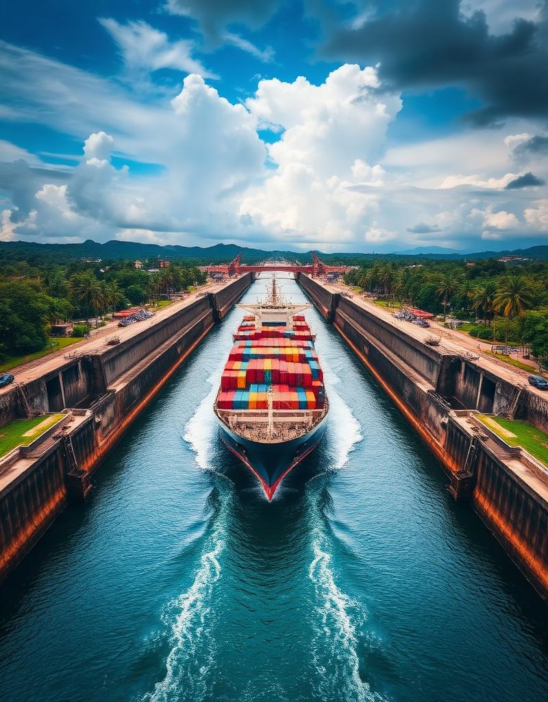 Esclusas del Canal de Panamá con un buque de carga