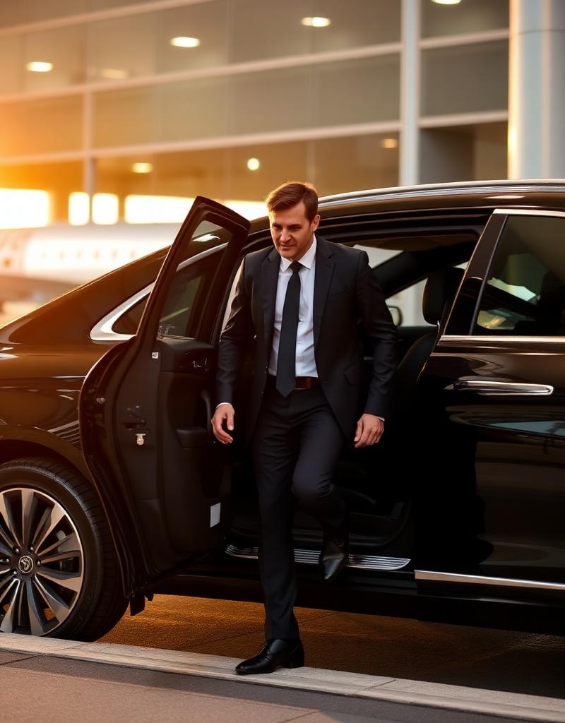 Ejecutivo bajando de un vehículo premium en el aeropuerto